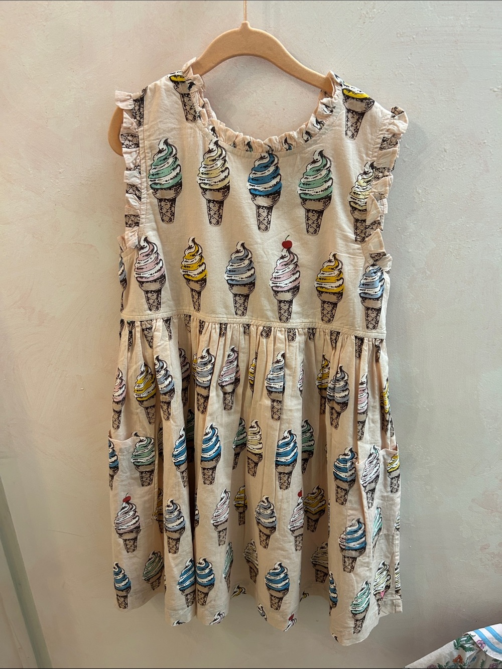 Pink Chicken Cream Ice Cream Print Ruffle Dress with Multi-Colored Cones